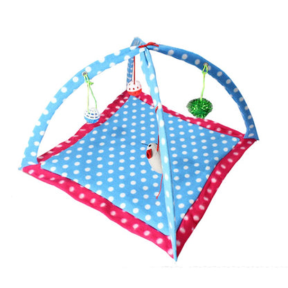 Cartoon Cat Play Tent with blue mat, pink border; hanging balls, foldable cat hammock on Tampa Home & Garden Store