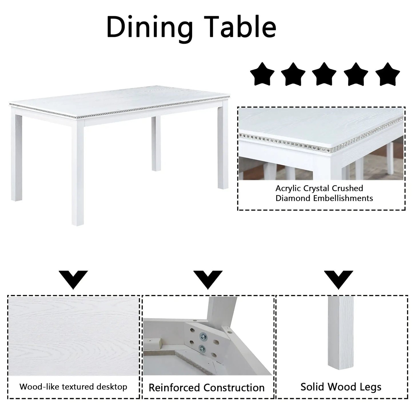 Dining Table Set with crystal edge, white wood-like finish by Unique Piece Furniture on Tampa Home & Garden Store