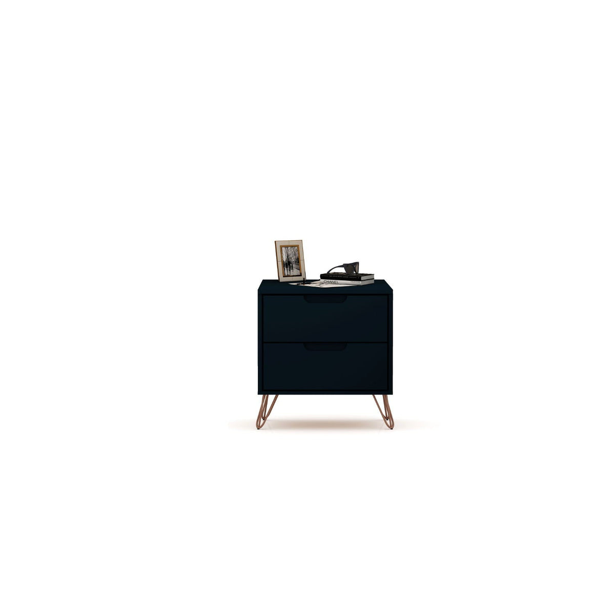 2 Drawer Nightstand HouseOfZazla, dark navy finish with copper splayed legs, accent nightstand on Tampa Home & Garden Store