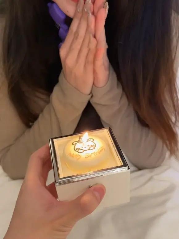 Valentine's Day Girlfriend Bear Cake Flip Ring Box white cube with clear lid and lit tiny cake on Tampa Home & Garden Store
