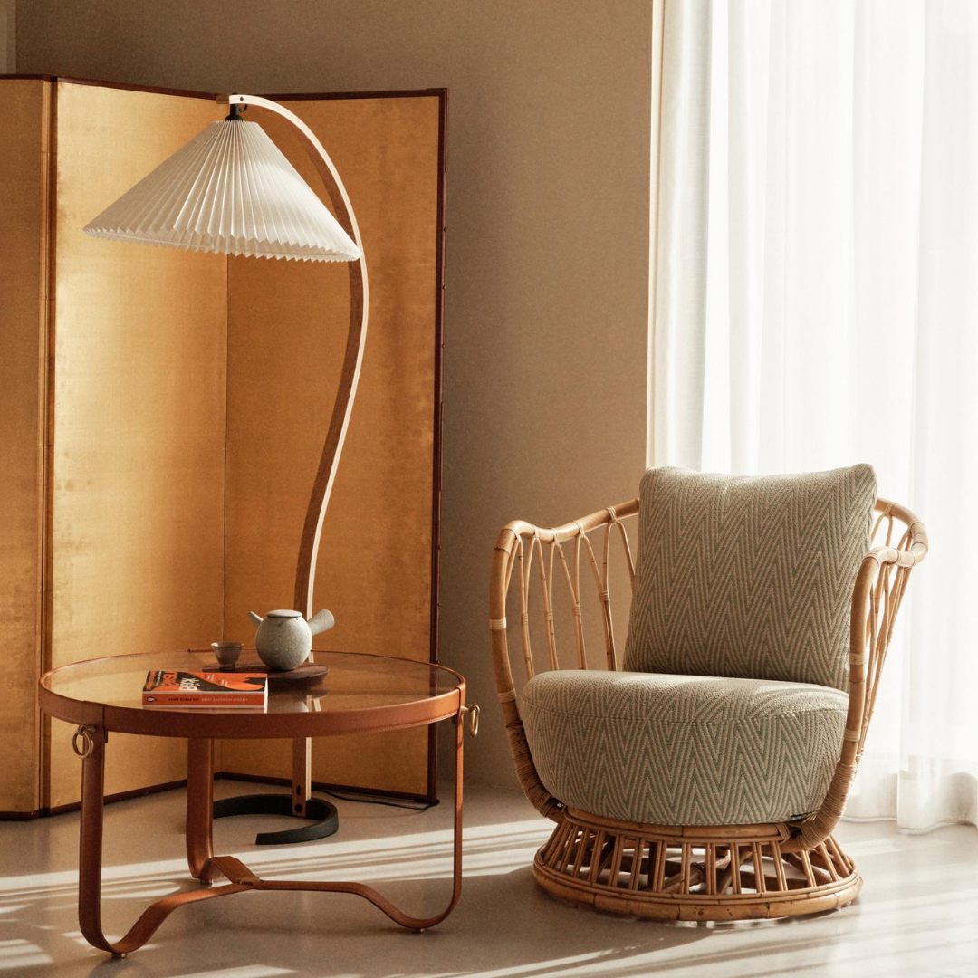 Arc Floor Lamp by Moktan Sabai in beech wood with white pleated shade plug-in living room lamp on Tampa Home & Garden Store