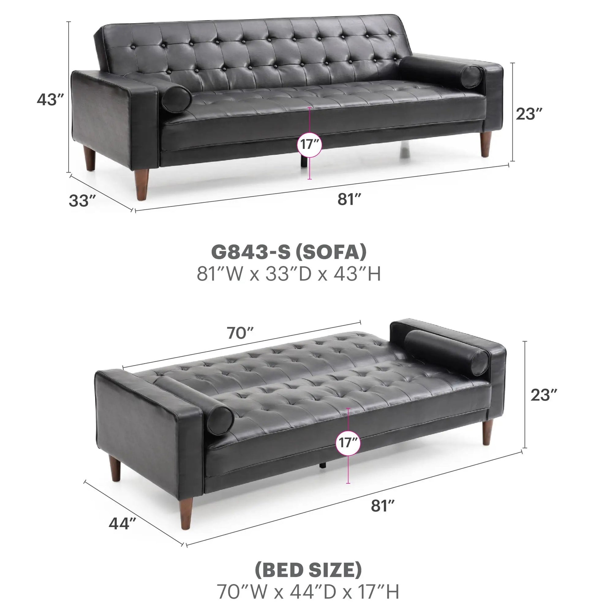 Andrews Sofa Bed Futon by Unique Piece Furniture in black tufted upholstery with wood legs on Tampa Home & Garden Store