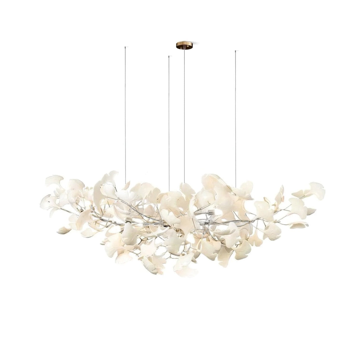 Ginkgo Leaf Linear Chandelier by Moktan Sabai with flexible branches and white leaves on Tampa Home & Garden Store