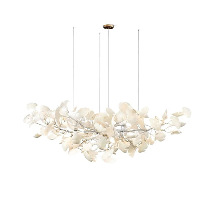 Ginkgo Leaf Linear Chandelier by Moktan Sabai with flexible branches and white leaves on Tampa Home & Garden Store