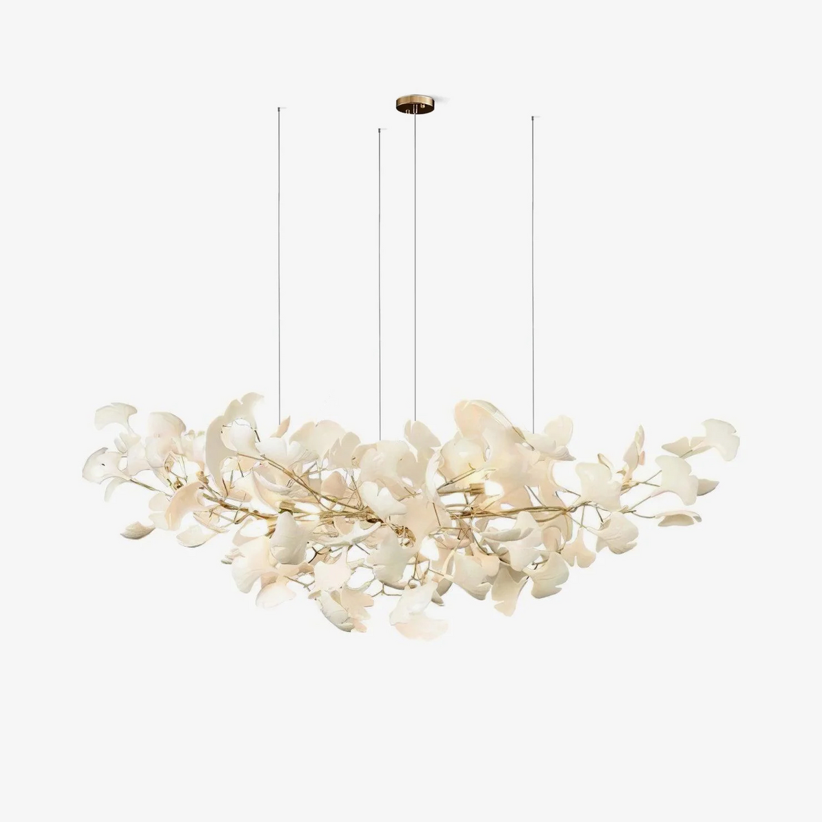 Porcelain Ginkgo Leaf Linear Chandelier by Moktan Sabai with flexible branches, cream leaves on Tampa Home & Garden Store