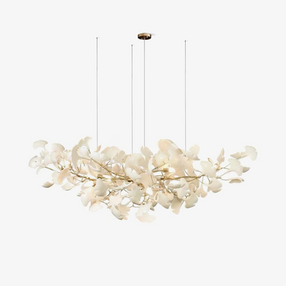 Porcelain Ginkgo Leaf Linear Chandelier by Moktan Sabai with flexible branches, cream leaves on Tampa Home & Garden Store