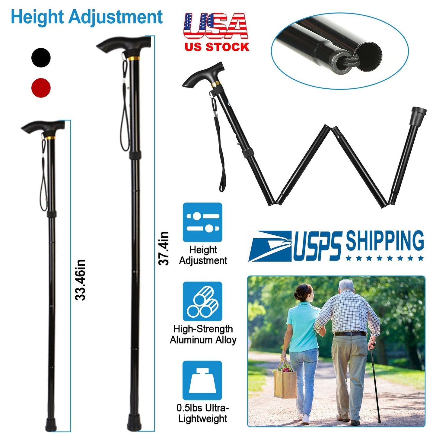 Walking Cane GemGear black aluminum alloy adjustable folding travel stick with anti-slip tip on Tampa Home & Garden Store