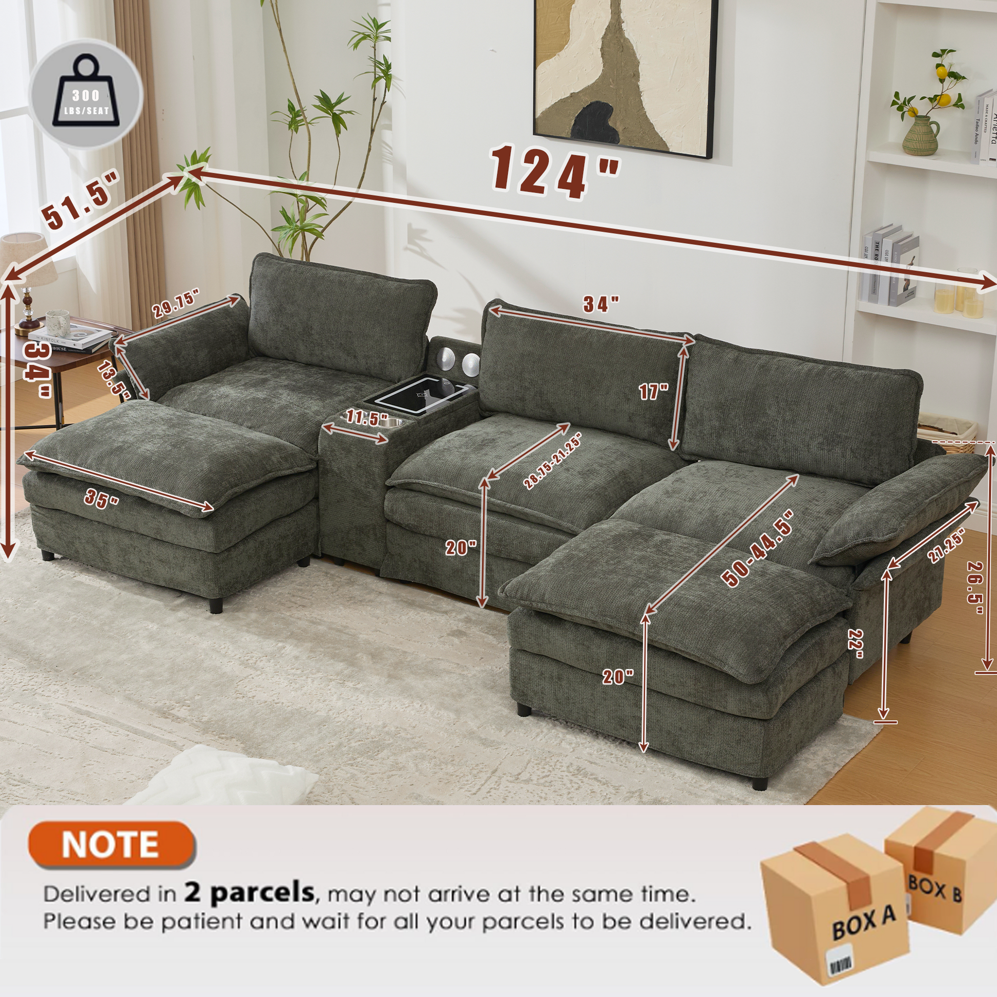 U-shaped modular sectional sofa with storage console and Bluetooth speakers in gray fabric on Tampa Home & Garden Store
