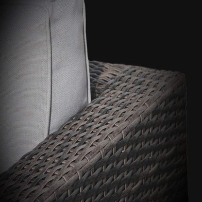 Wicker outdoor seating arm HouseOfZazla with gray cushion in a dark brown woven frame on Tampa Home & Garden Store