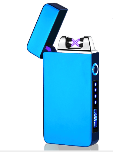 Stevvex blue metal electric plasma lighter with open lid and battery indicator on Tampa Home & Garden Store