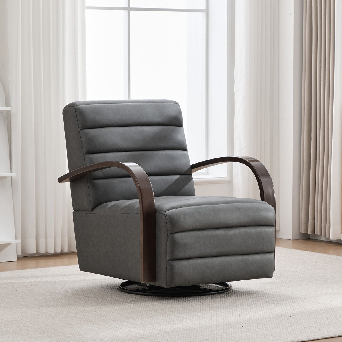 HouseOfZazla 360° Swivel Accent Chair with Armrests in dark gray fabric, curved wood arms on Tampa Home & Garden Store