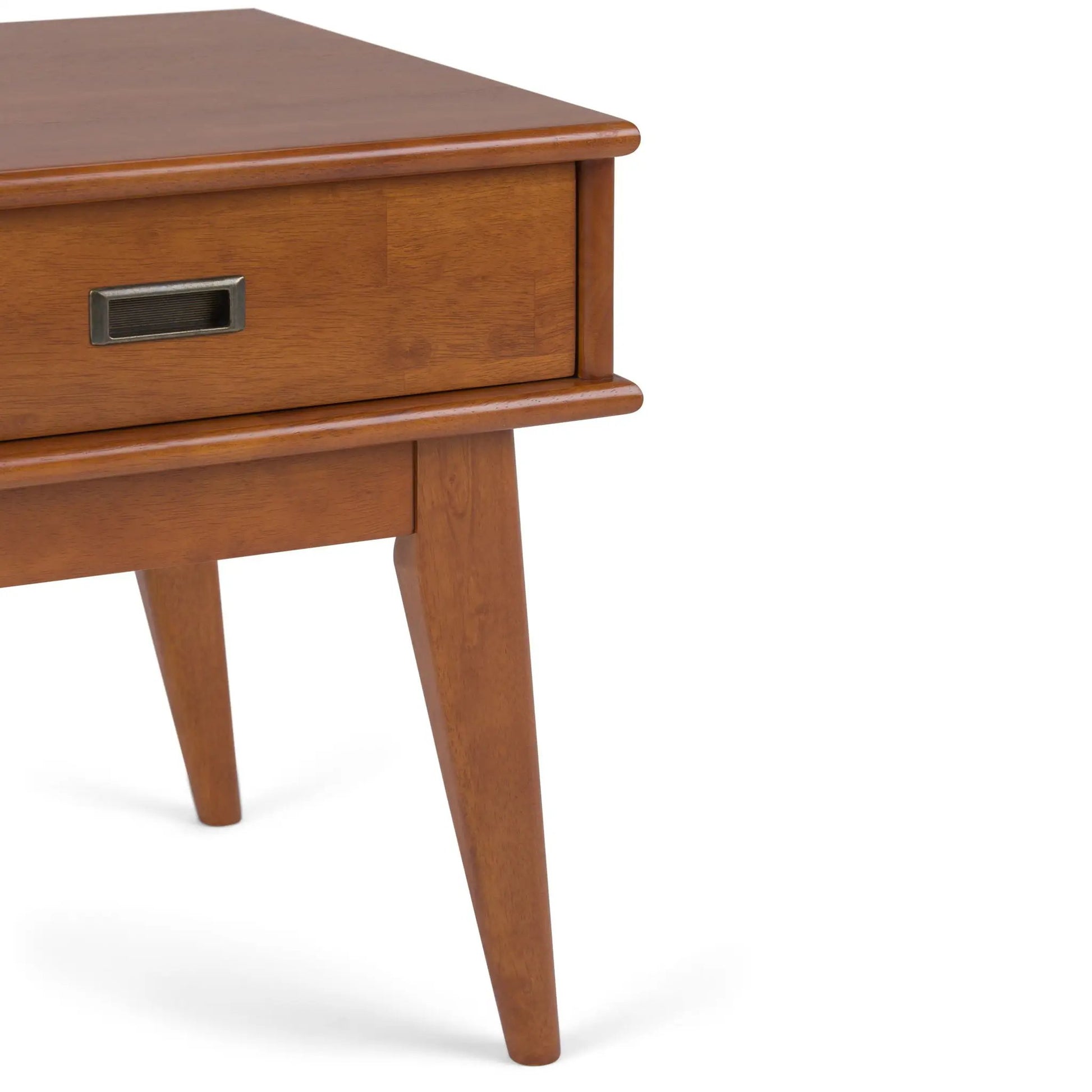 Draper Handcrafted Mid Century End Table in warm walnut with metal drawer pull and tapered legs on Tampa Home & Garden Store