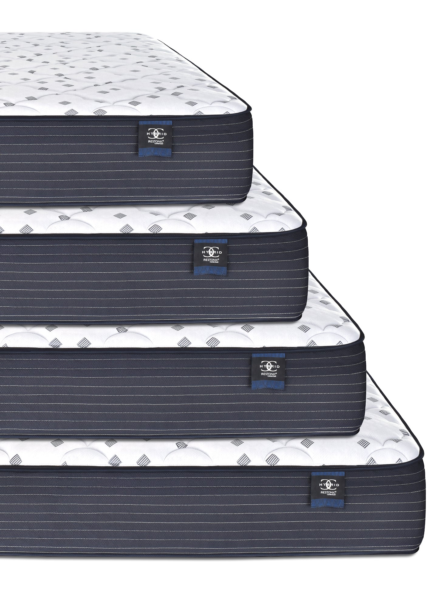 Restonic Comfortcare Hybrid Euro Top Mattress, navy blue fabric with white pinstripes, 3 stacked on Tampa Home & Garden Store