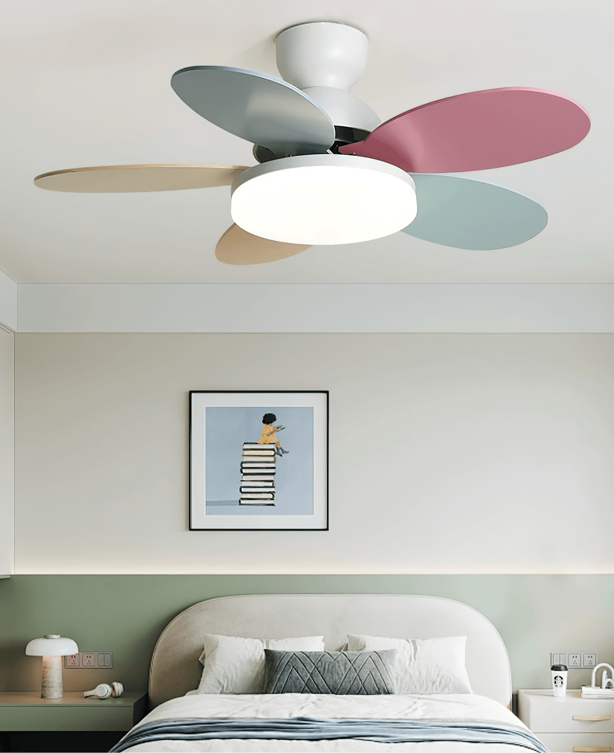 Petal-shaped Moktan Sabai ceiling fan with LED light and remote, pastel multi-color blades on Tampa Home & Garden Store