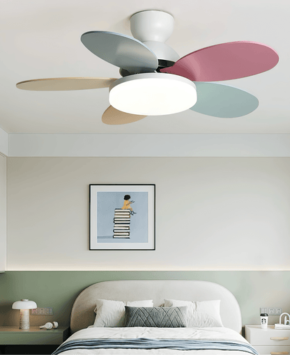 Petal-shaped Moktan Sabai ceiling fan with LED light and remote, pastel multi-color blades on Tampa Home & Garden Store