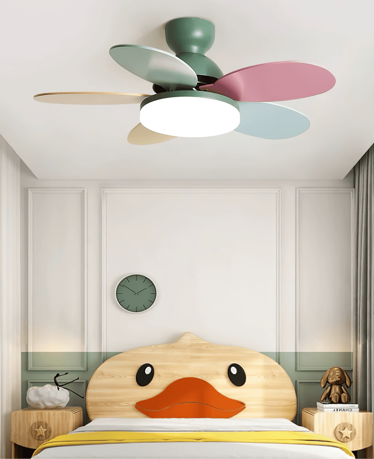 Petal-shaped ceiling fan with LED light and colorful blades in a kid's room by Moktan Sabai with remote on Tampa Home & Garden Store