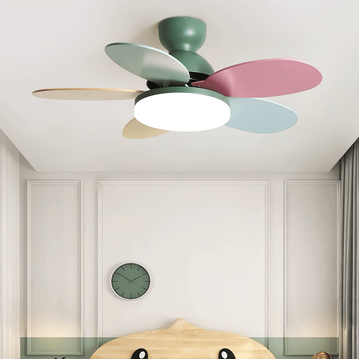 Petal-shaped ceiling fan by Moktan Sabai with LED light and remote, pastel blades, DC motor on Tampa Home & Garden Store