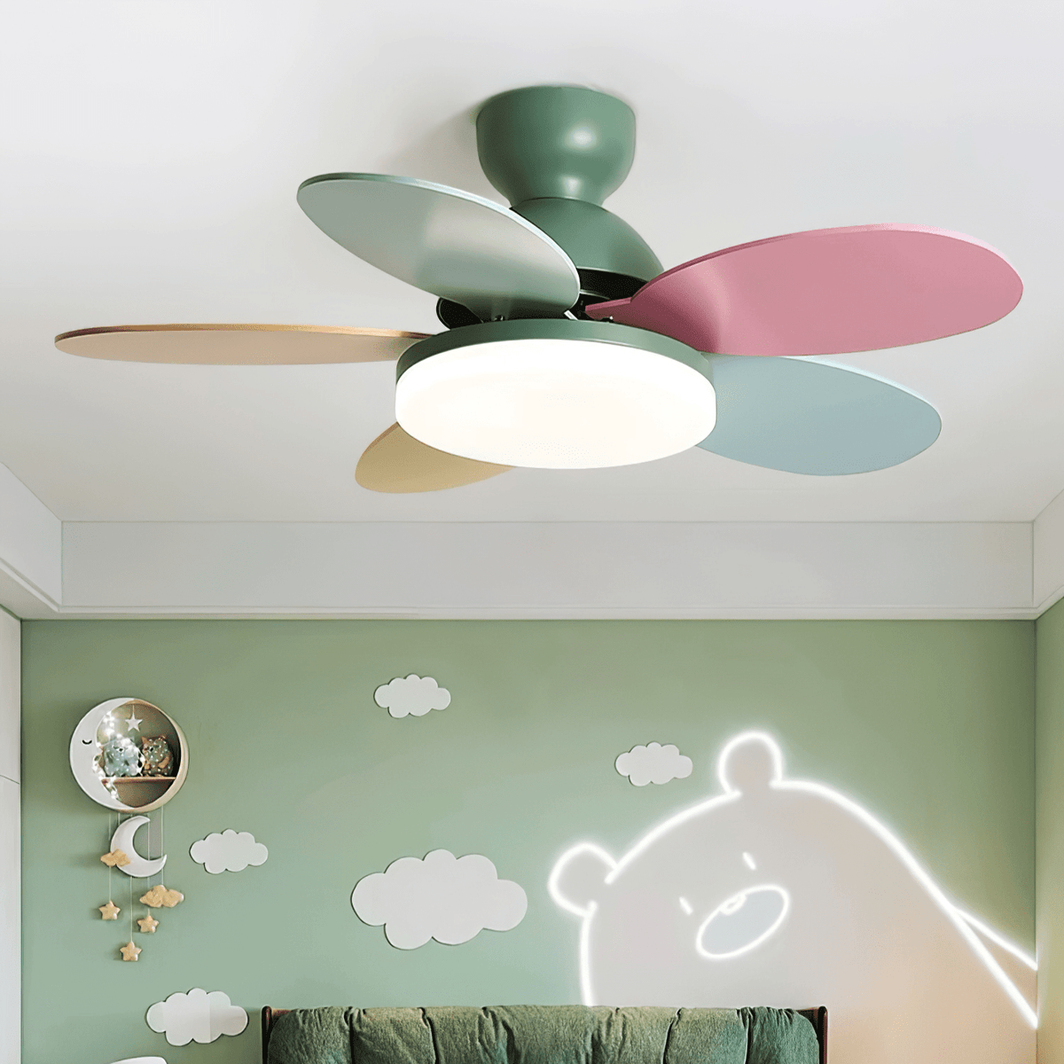 Petal-shaped ceiling fan with LED light and remote; Moktan Sabai pastel blades on Tampa Home & Garden Store
