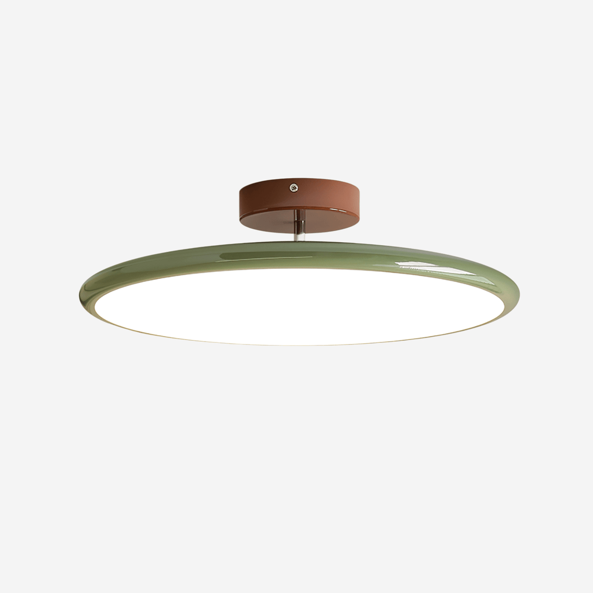 Orbitra flush mount LED ceiling light with green circular ring and brown canopy on Tampa Home & Garden Store