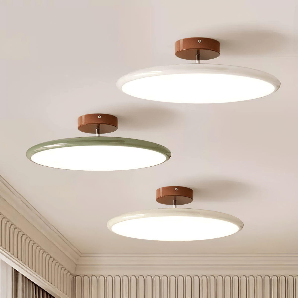 Orbitra flush mount LED ceiling light with swivel arm, dimmable beige or green circular fixture on Tampa Home & Garden Store