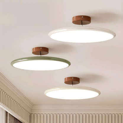 Orbitra flush mount LED ceiling light with swivel arm, dimmable beige or green circular fixture on Tampa Home & Garden Store