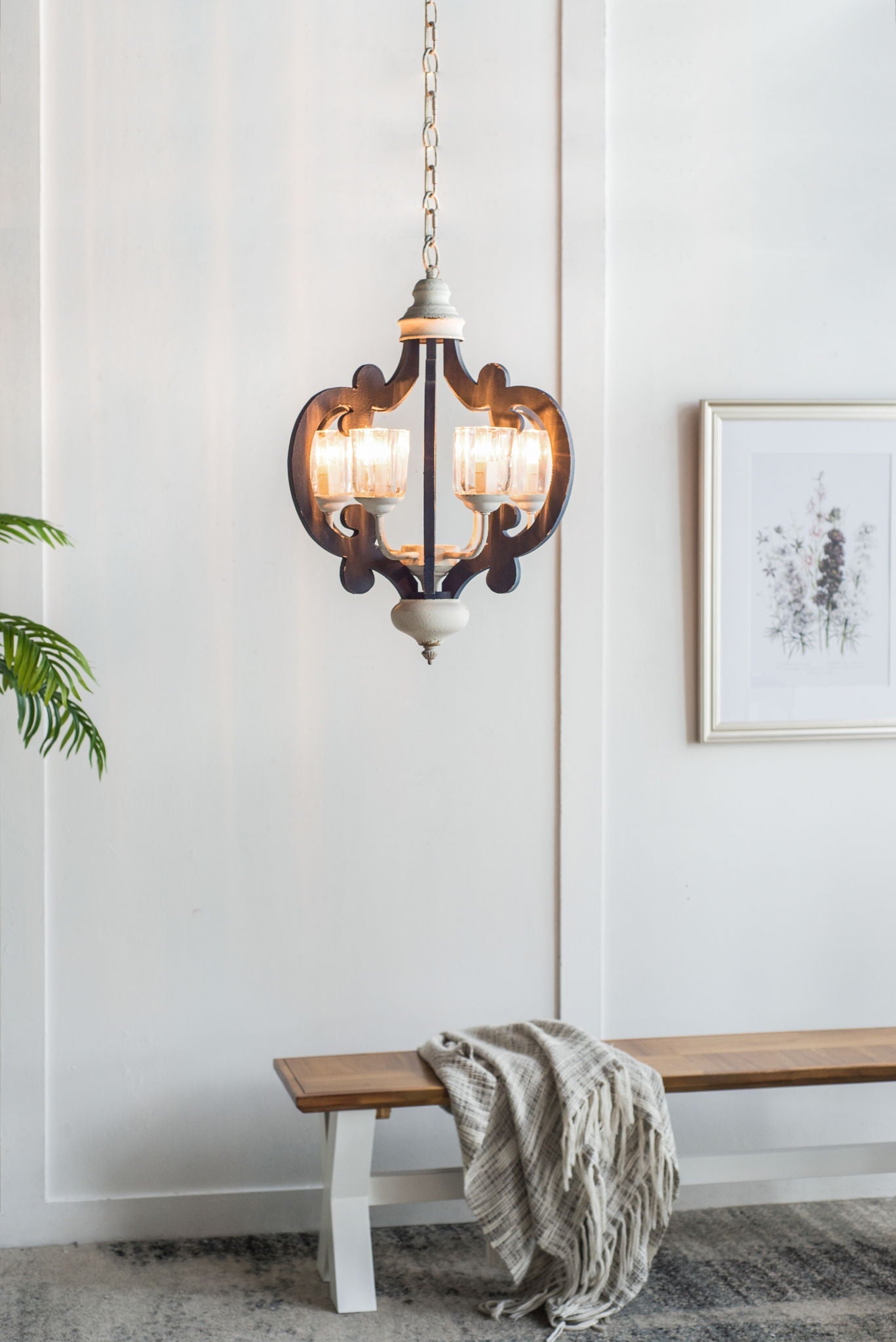 Wood chandelier 6-light farmhouse pendant with dark wood frame and cream glass shades on Tampa Home & Garden Store
