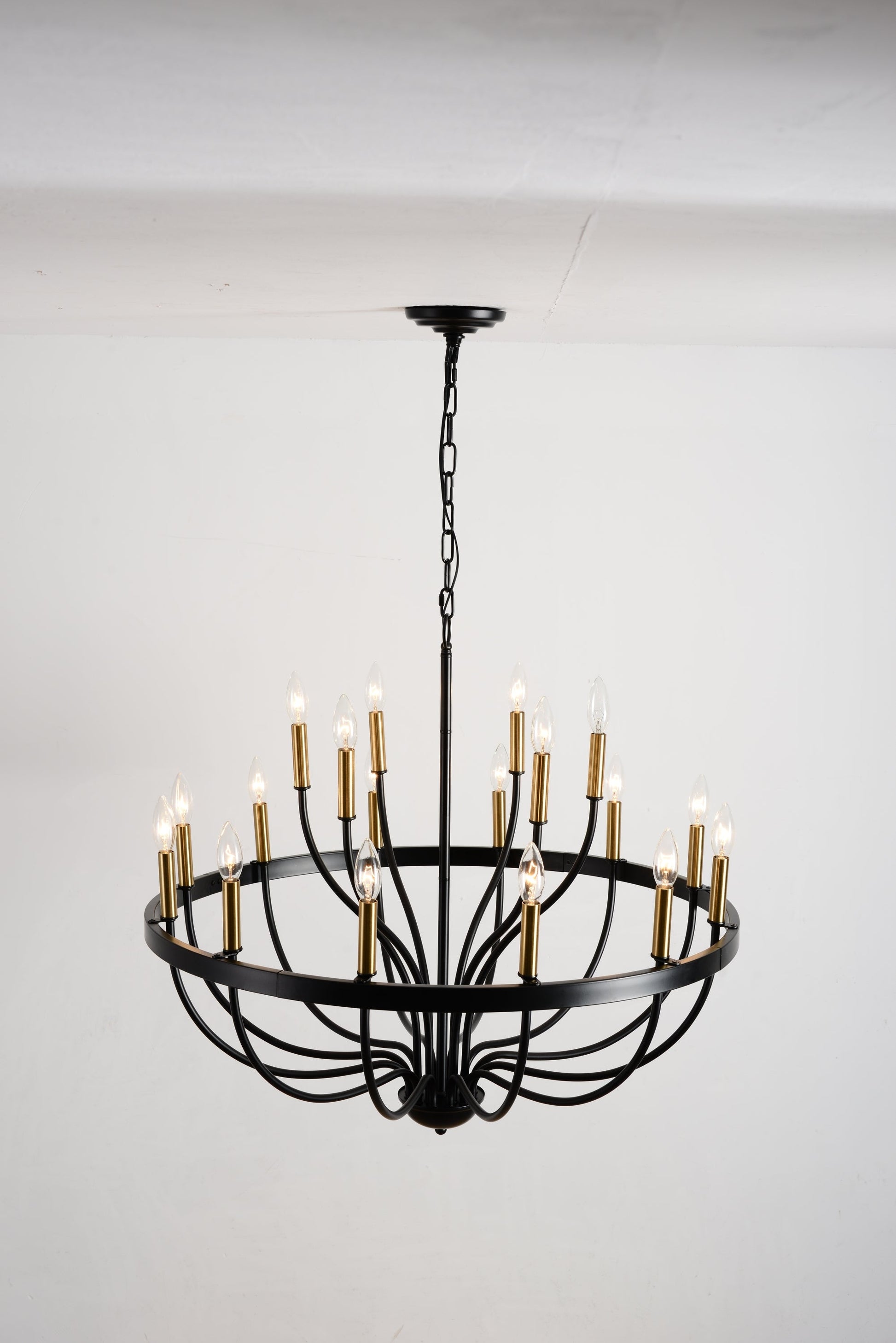 15-Light Industrial Iron Candle Chandelier with black iron frame and brass candle sleeves on Tampa Home & Garden Store