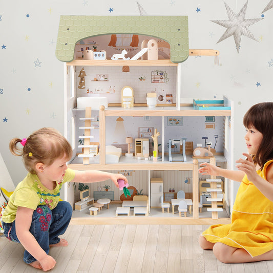 Wooden Dollhouse Kids DIY Pretend Playhouse with 33 PCS Furniture Accessories-Green - Tampa Home & Garden Store