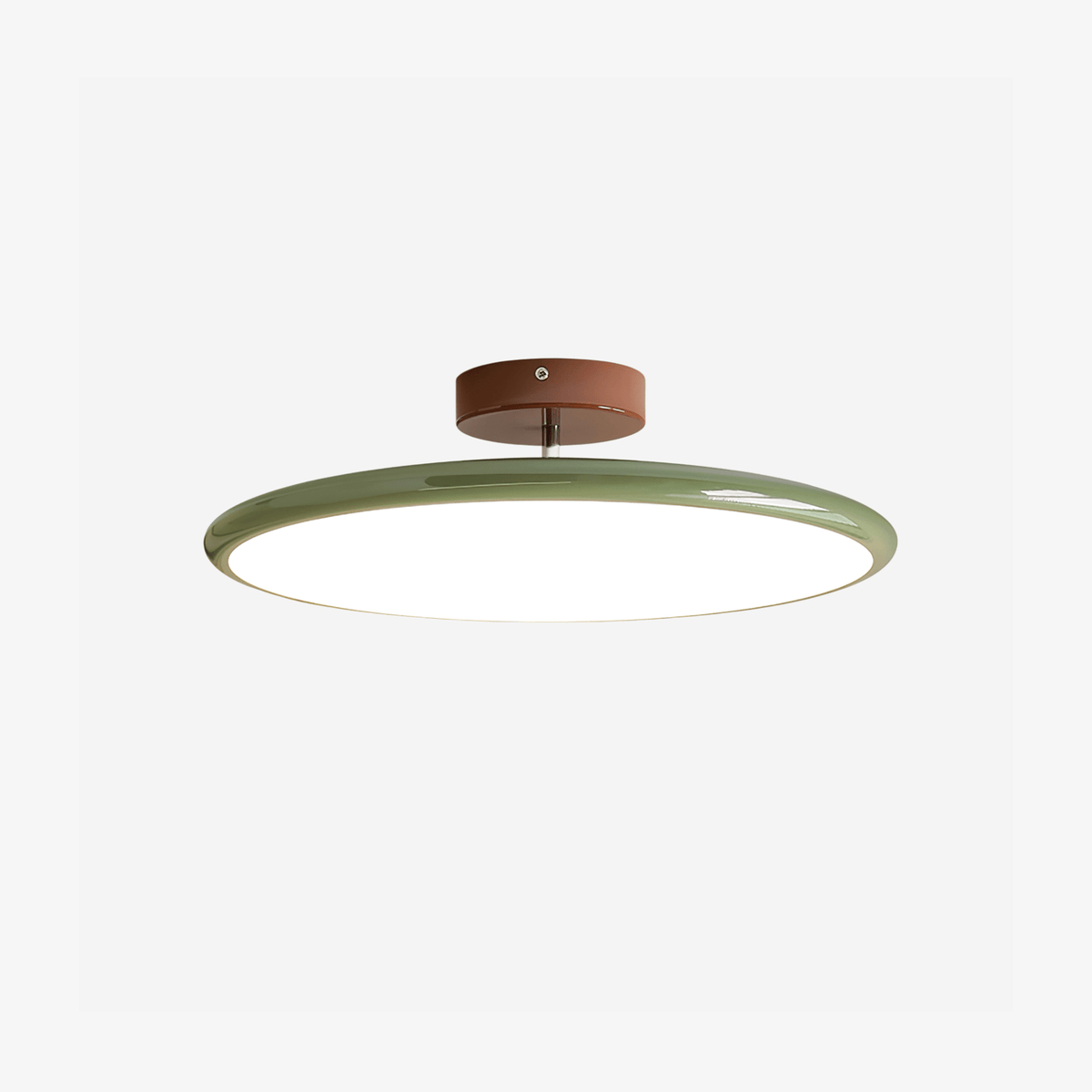 Orbitra flush mount LED ceiling light with swivel arm, green ring, brown canopy on Tampa Home & Garden Store