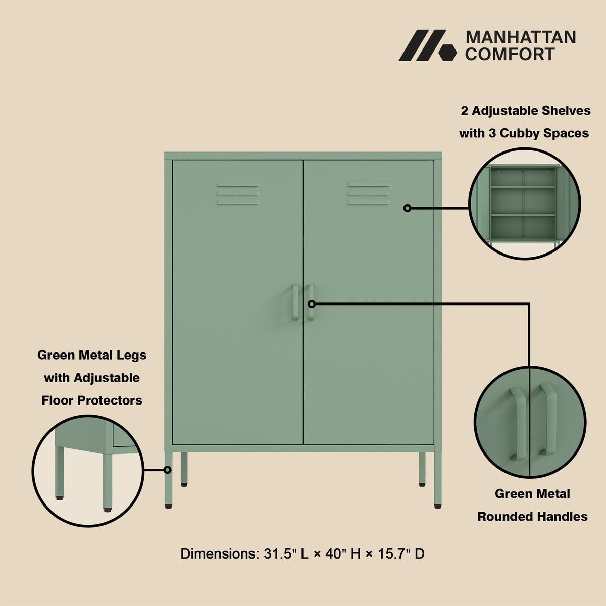Green metal accent cabinet with 2 adjustable shelves and 3 cubby spaces by Manhattan Comfort on Tampa Home & Garden Store