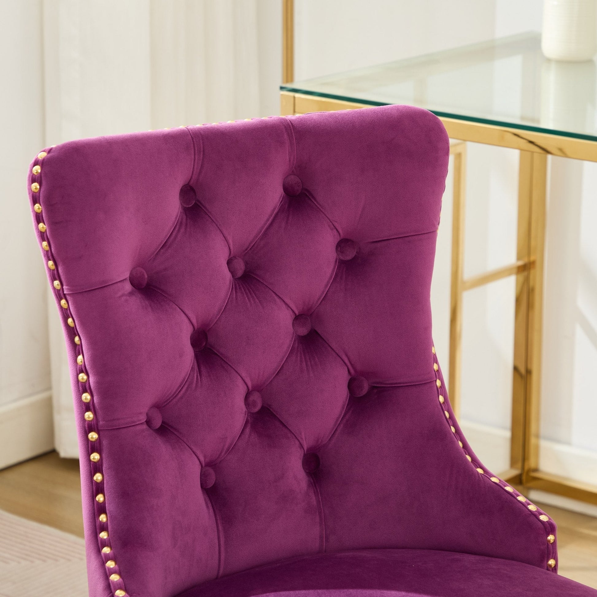 Office chair in purple velvet with tufted buttons and gold stud trim on Tampa Home & Garden Store