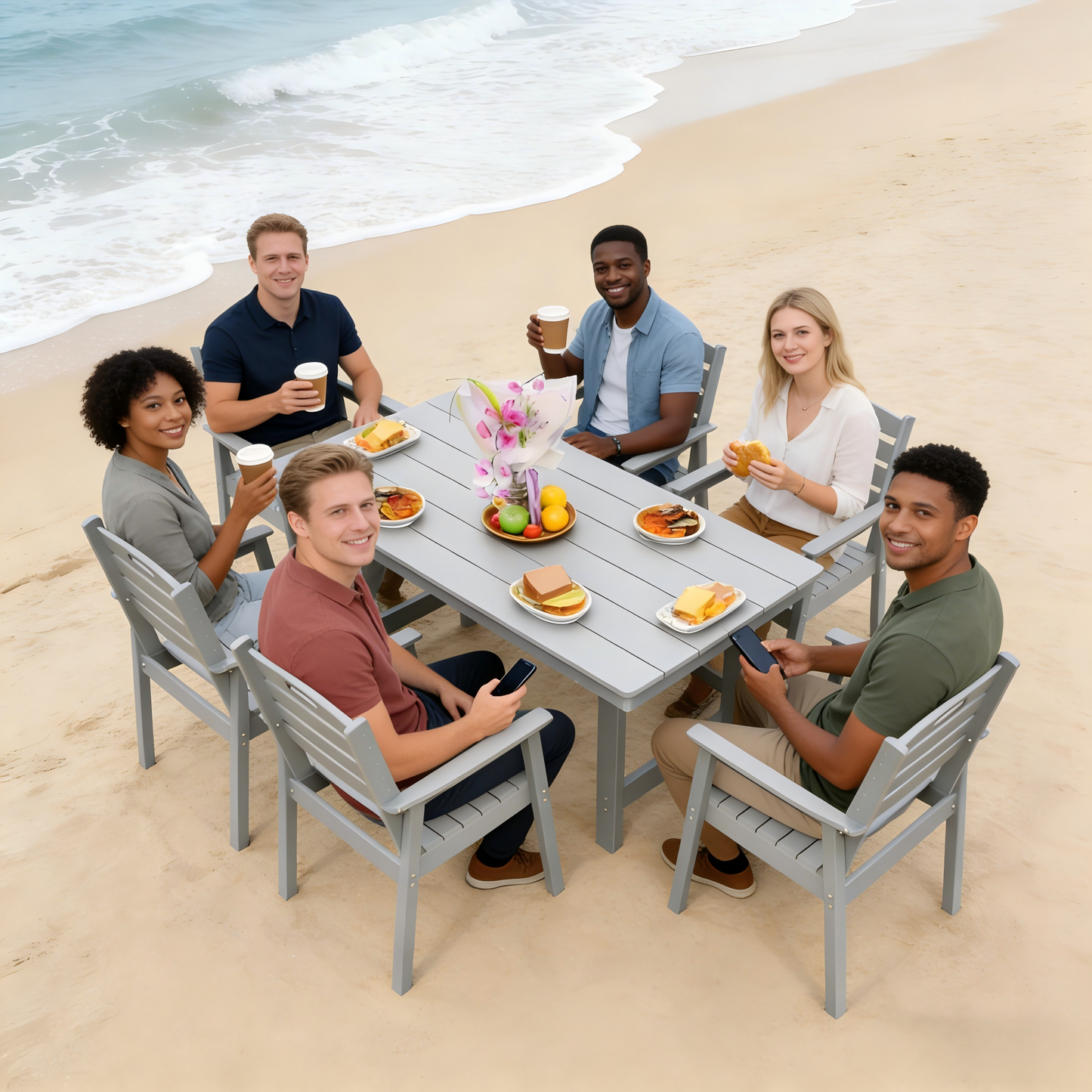 HDPE outdoor patio dining set by HouseOfZazla with gray table and six chairs on a sandy beach on Tampa Home & Garden Store
