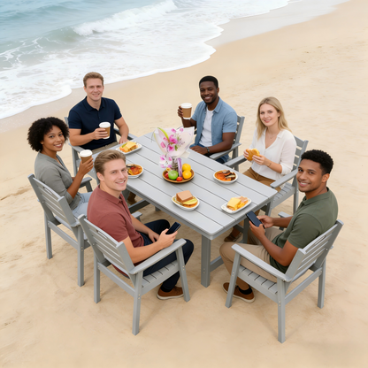 HDPE outdoor patio dining set by HouseOfZazla with gray table and six chairs on a sandy beach on Tampa Home & Garden Store