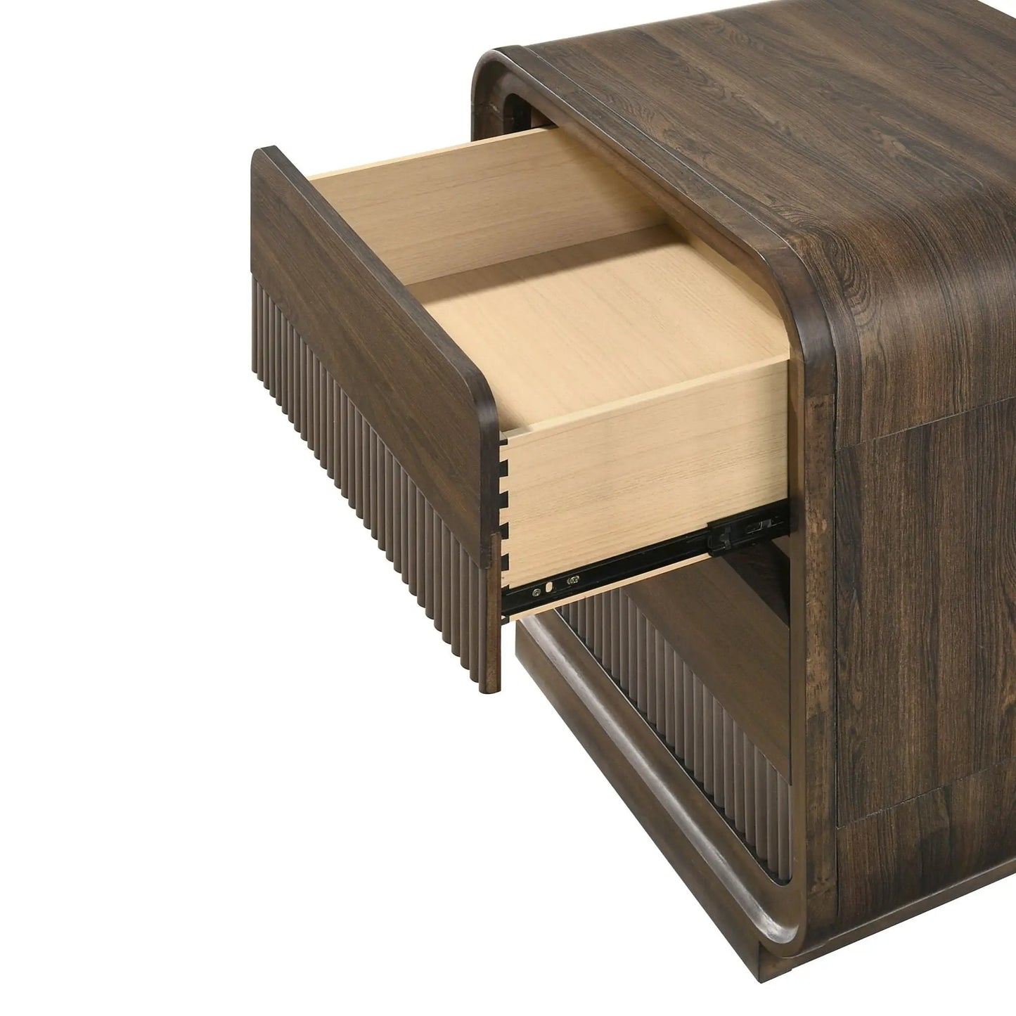 Flair rounded-edge nightstand with two drawers in brown wood finish on Tampa Home & Garden Store
