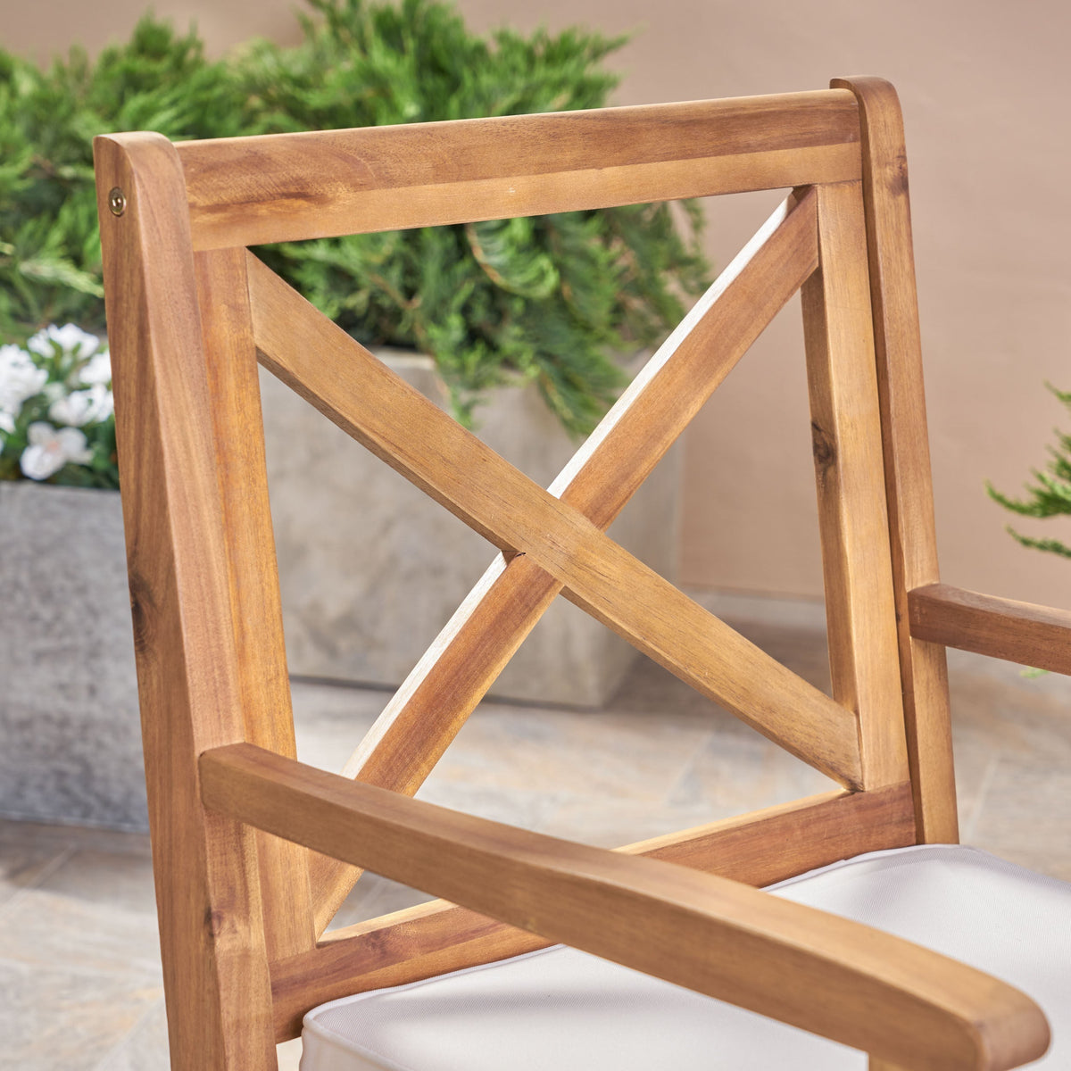 Perla Dining Chair 2-Piece Set, wooden outdoor chairs with cream water-resistant cushions on Tampa Home & Garden Store