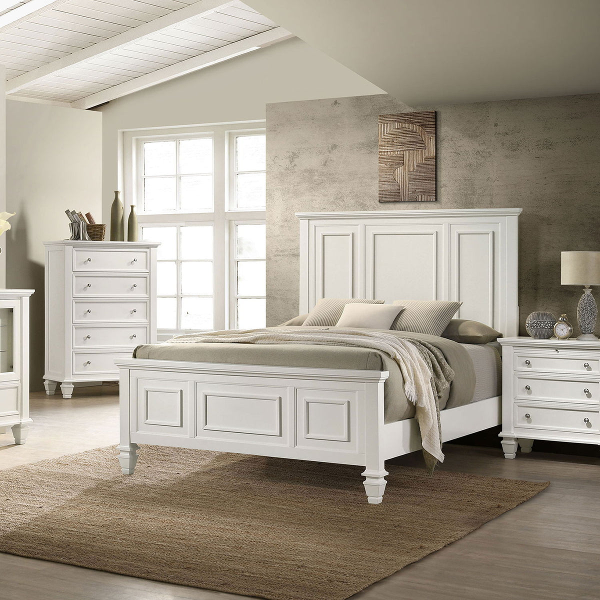 Chelema Eastern King Panel Bed cream white with paneled headboard and footboard and dressers on Tampa Home & Garden Store