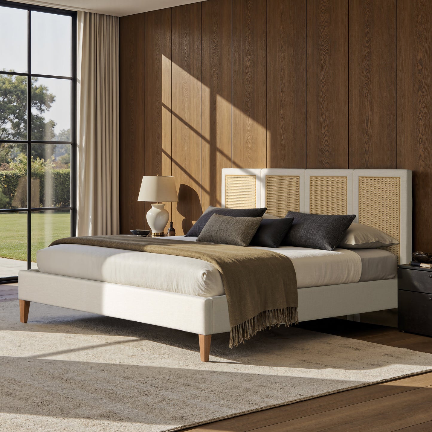Toscana King Upholstered Cane Back Platform Bed antique finish by HouseOfZazla on Tampa Home & Garden Store