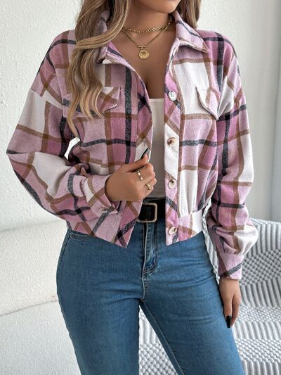 Stevvex pink plaid button-up long-sleeve jacket, cozy casual coat on Tampa Home & Garden Store