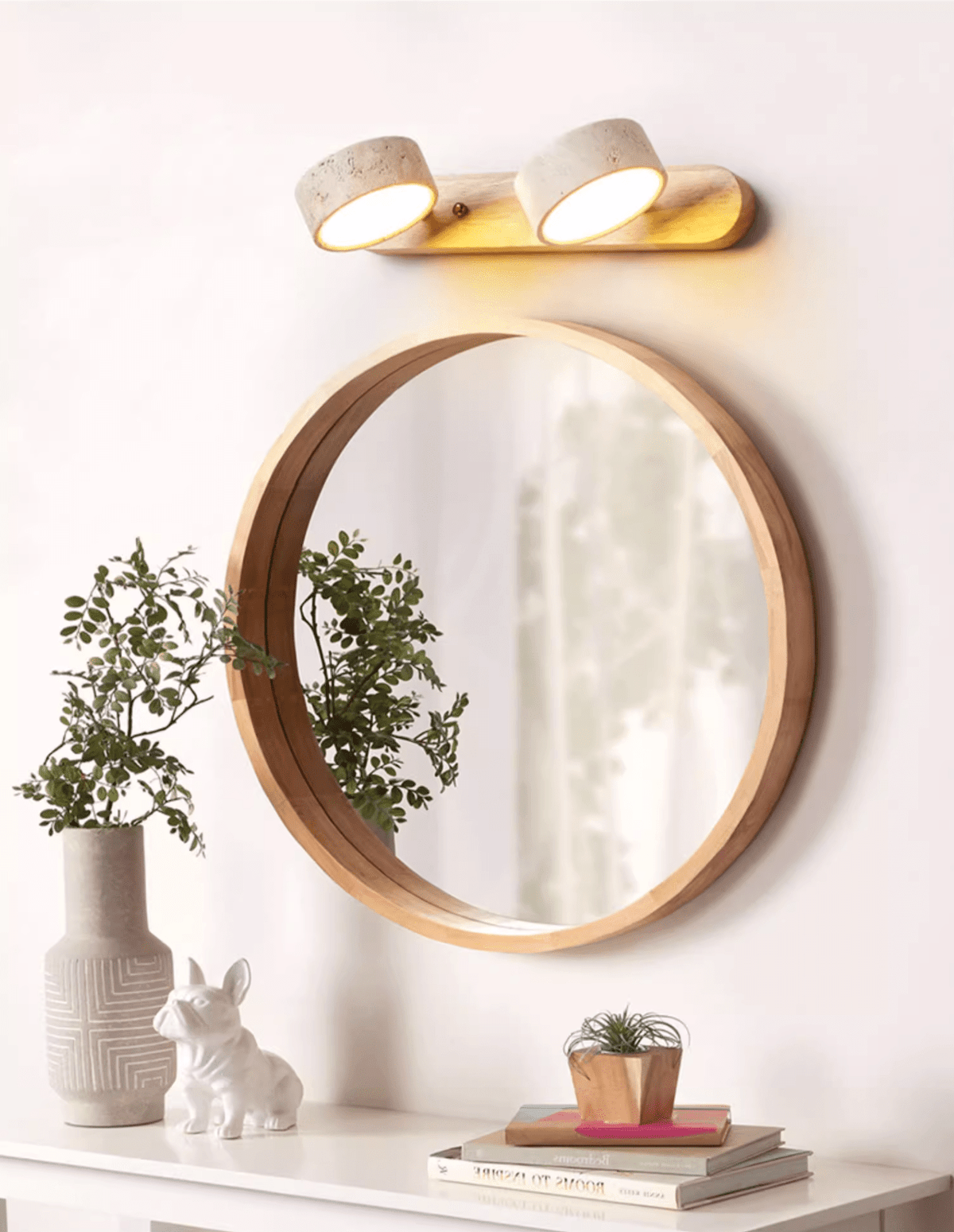 Travertine stone wall sconce with two dimmable LEDs and natural wood accent on Tampa Home & Garden Store