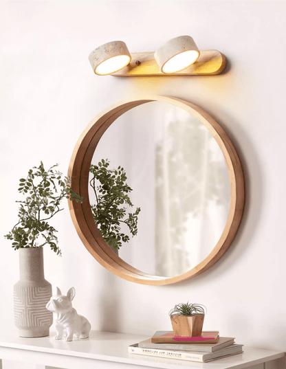 Travertine stone wall sconce with two dimmable LEDs and natural wood accent on Tampa Home & Garden Store