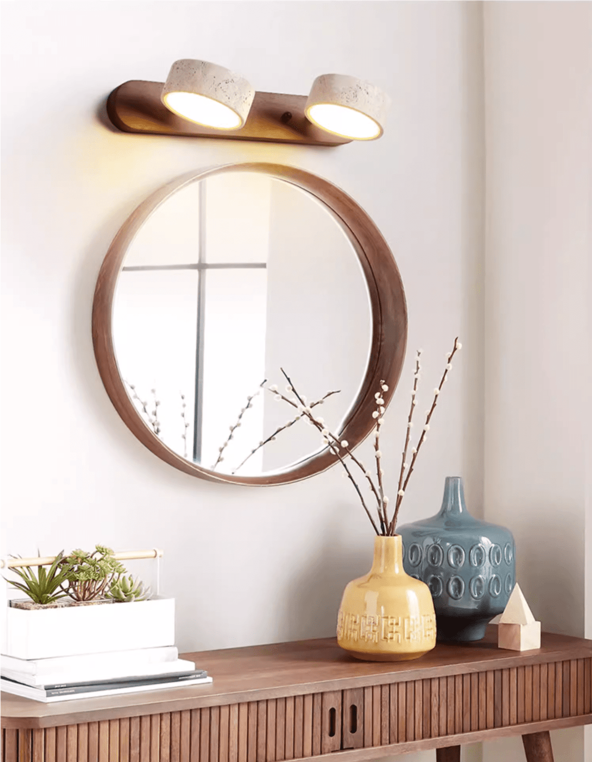 Travertine stone wall sconce with dimmable LED, dual warm lights, natural wood on Tampa Home & Garden Store