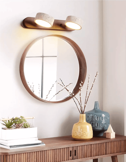 Travertine stone wall sconce with dimmable LED, dual warm lights, natural wood on Tampa Home & Garden Store