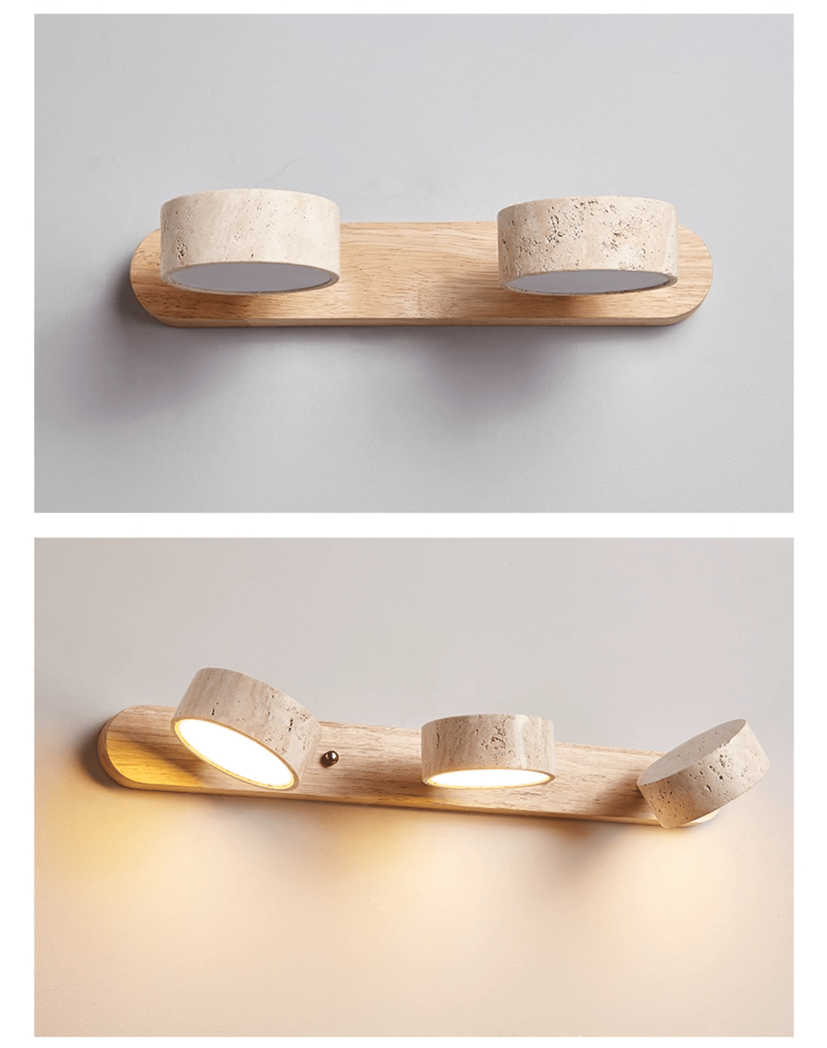 Moktan Sabai travertine stone wall light with natural wood base and dual dimmable LED heads on Tampa Home & Garden Store