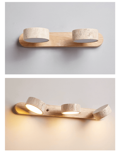 Moktan Sabai travertine stone wall light with natural wood base and dual dimmable LED heads on Tampa Home & Garden Store