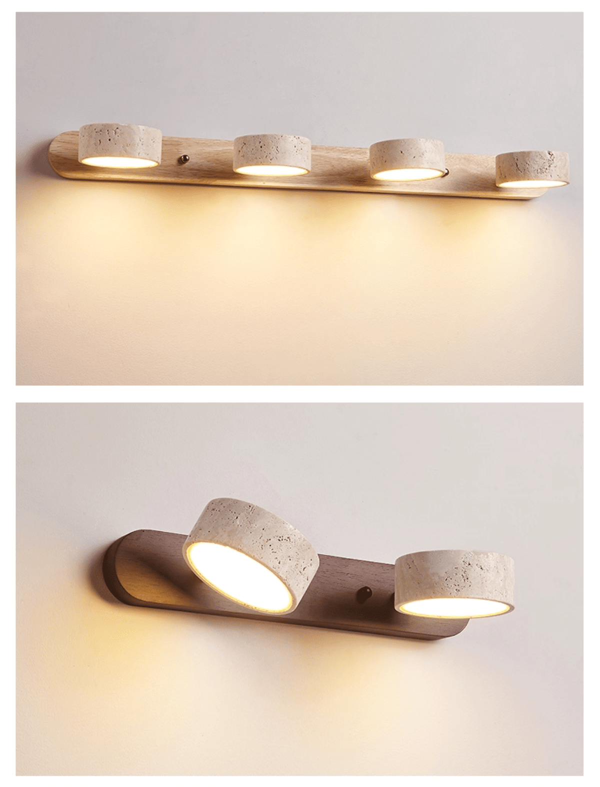 Travertine wall sconce with four dimmable LED lights on natural wood base Moktan Sabai on Tampa Home & Garden Store