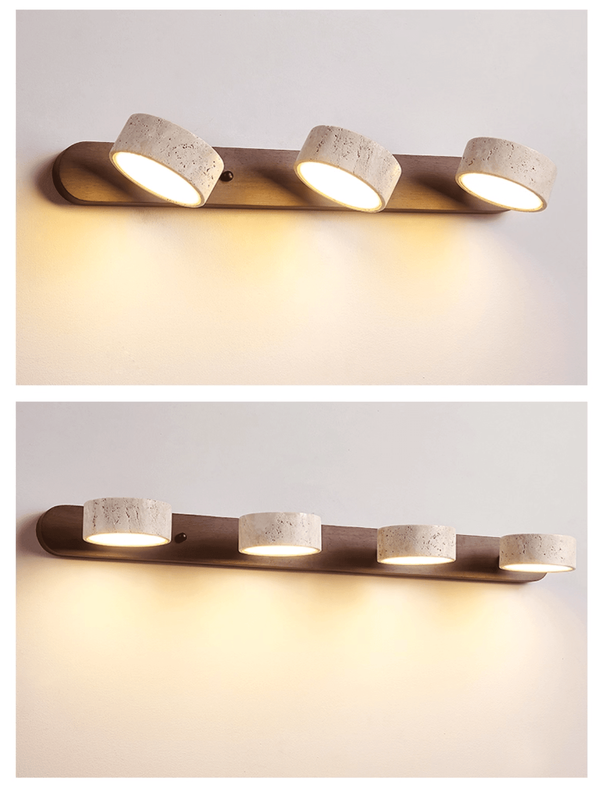 Four-light travertine stone wall sconce with dimmable LED and natural wood accent Moktan Sabai on Tampa Home & Garden Store