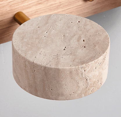 Travertine stone wall sconce with natural wood accent Moktan Sabai dimmable LED on Tampa Home & Garden Store