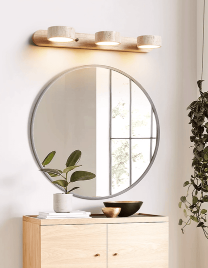 Travertine wall sconce with dimmable LED and natural wood accent by Moktan Sabai, warm glow on Tampa Home & Garden Store