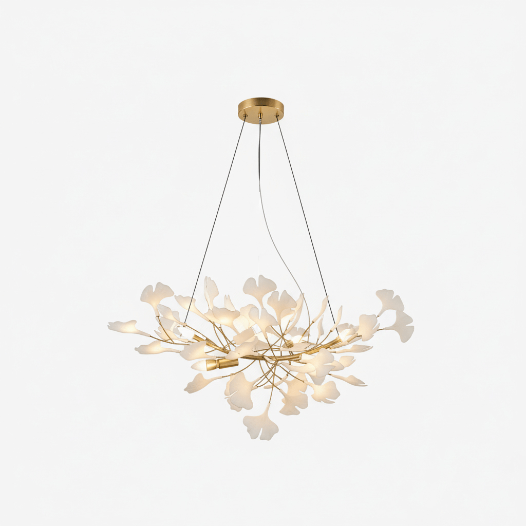 Porcelain ginkgo leaf chandelier with flexible gold branches by Moktan Sabai, dining light on Tampa Home & Garden Store