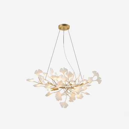 Porcelain ginkgo leaf chandelier with flexible gold branches by Moktan Sabai, dining light on Tampa Home & Garden Store